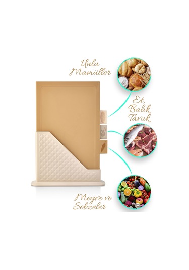 4'lü Tezgah Üstü Dikey Standlı Kesme Tahtası - Çoklu Doğrama Tahtası Ekmek Sebze Et Kesim Panosu Bej