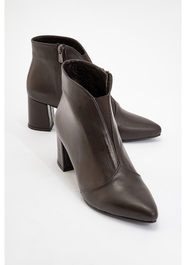 Finda Kahverengi Cilt Hakiki Deri Kadın Topuklu Bot Kahverengi Deri