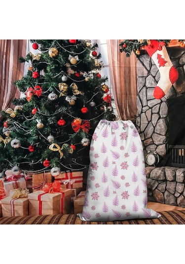 Büyük Noel Baba Hediye Çantası, Pamuklu Kordonlu, Yeniden Kullanılabilir Noel Poinsettia Fern