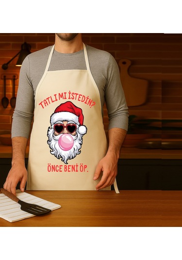 Yılbaşı Mutfak Önlüğü Yeni Yıl Noel Baba Beni Öp Tasarımlı Önlük Çok Renkli