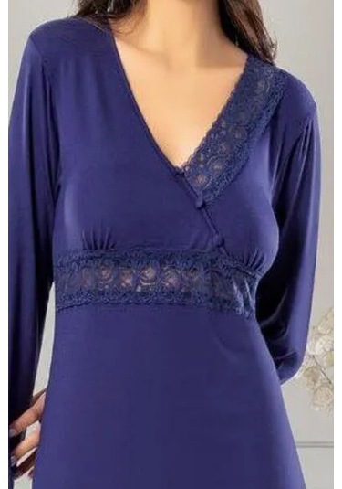 Faal 8613 Kadın Uzun Kollu Dantel Detaylı V Yaka Pijama Takımı-lacivert Lacivert