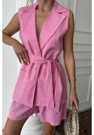 Keten Yelek - Şort Takım - Pembe Pembe