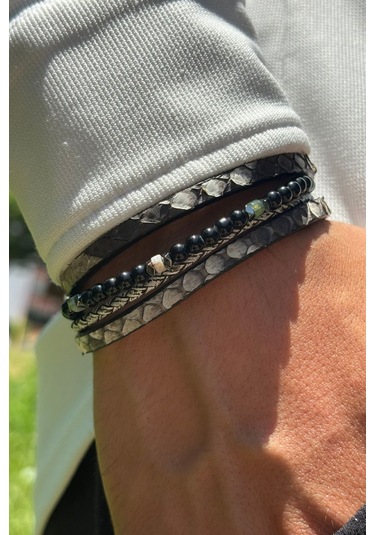 Yılan Derisi Desenli El İşçiliği İle Üretilmiş Hakiki Deri Erkek Bileklik Siyah - Beyaz