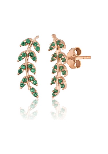 Zanaatsilver Tamamı Gümüş, Yeşil Taşlı Rose Kaplama Yaprak Modeli Küpe