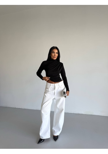 Trendhazan Boğazlı Sandy Kumaş Drapeli Bluz Siyah Siyah