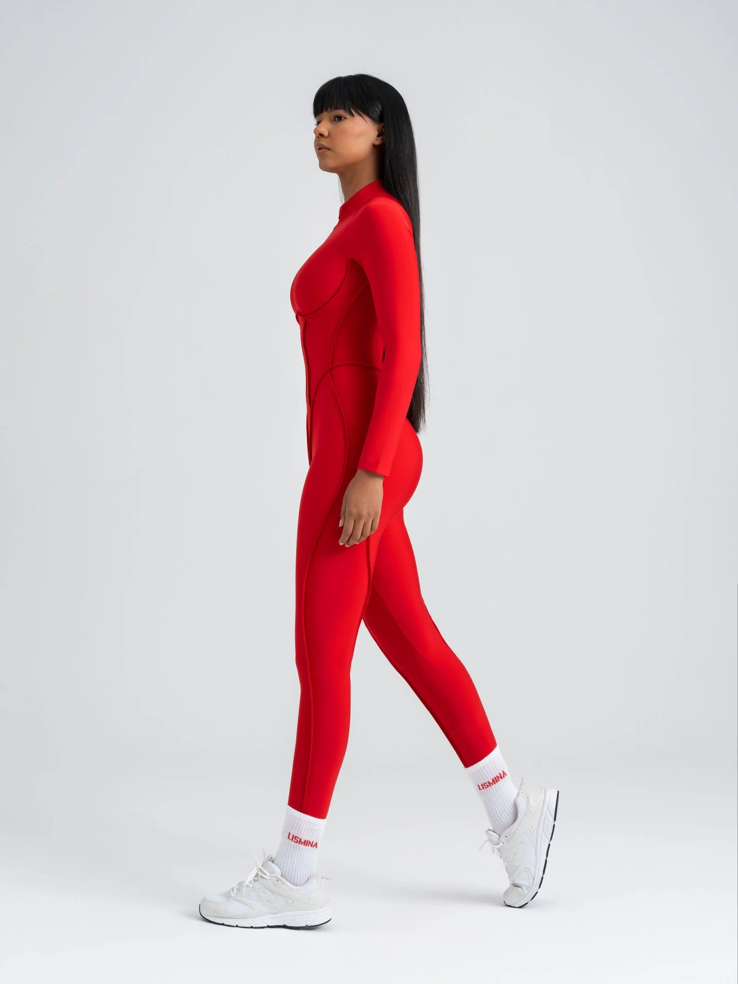 Dikişle Modellenmiş Spor Tayt Tulum Kırmızı