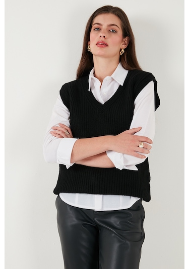 Lela V Yaka Örme Triko Bayan Süveter 4616105Y Siyah
