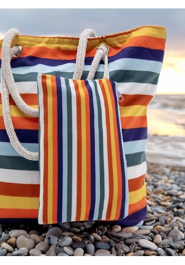 Cüzdan Hediyeli Kadın Plaj Çantası - Renkli Çok Renkli