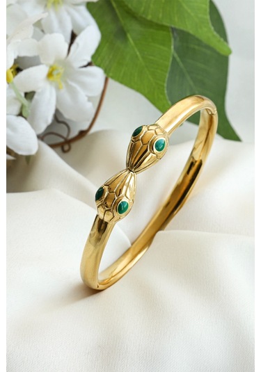 Çift Yılan Başlı Zümrüt Yeşil Detaylı 316l Kadın Çelik Bileklik Çok Renkli