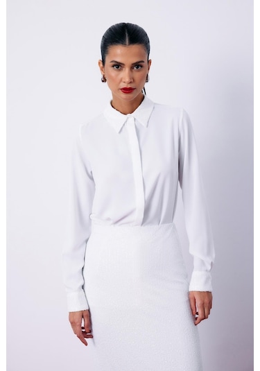 Payet Detaylı Klasik Gömlek - Ekru 001