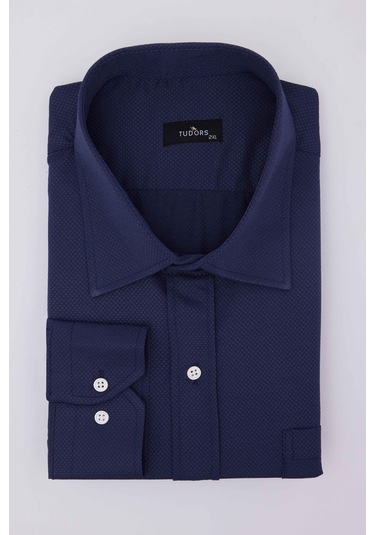 Tudors Büyük Beden Uzun Kollu Kolay Ütü Kravatlık Armürlü Pamuklu Lacivert Erkek Gömlek-30025-lacivert