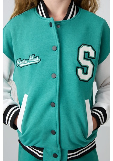 Tommy Life Deniz Yeşil Pamuklu İçi Tüylü Yumuşak Dokulu Standart Fit Nakışlı Kız Çocuk Kolej Ceket - 75163 Yeşil