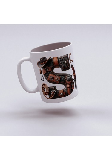 S Harfi Kovboy Temalı Bardak 330 Ml İsim / Harf Kişiye Özel Hediye - Vahşi Batı Konsept Beyaz