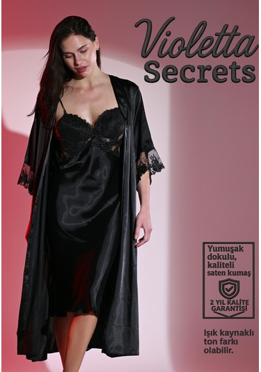 Violetta Secrets Siyah Dantelli Saten Gecelik Ve Sabahlık Takımı Siyah