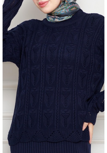 Dantel İşlemeli Jileli Triko Takım-lacivert-4436 Lacivert