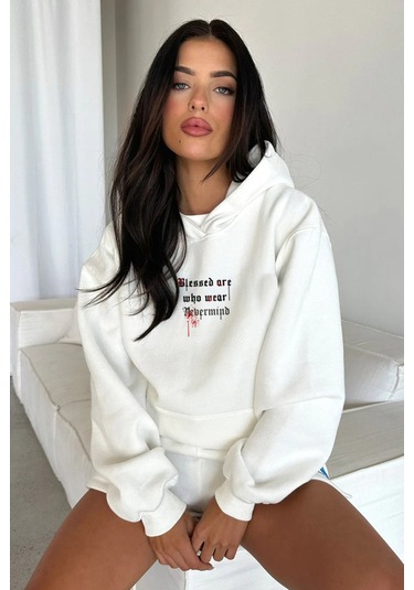 Unisex Oversize Hoodie - Blessed Tasarım Sweatshirt Beyaz