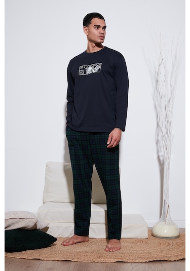 Buratti Ekoseli Pamuklu Regular Fit Yüksek Bel Bisiklet Yaka Erkek Pijama Takımı 6574000 Lacivert