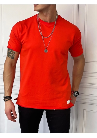 Modefendi Pamuk Likra Yırtmaç Detaylı 2 İplik Oversize Tshirt Kırmızı