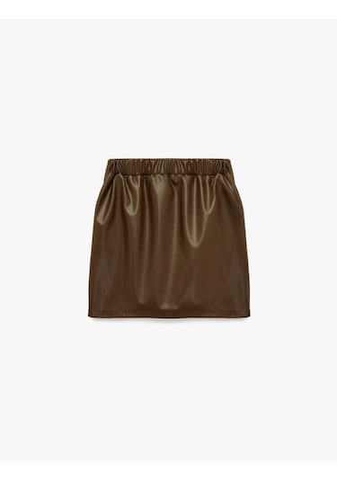 Koton Beli Lastikli Diz Üstü Deri Görünümlü Etek Kahverengi 6wkg70019ak Kahve