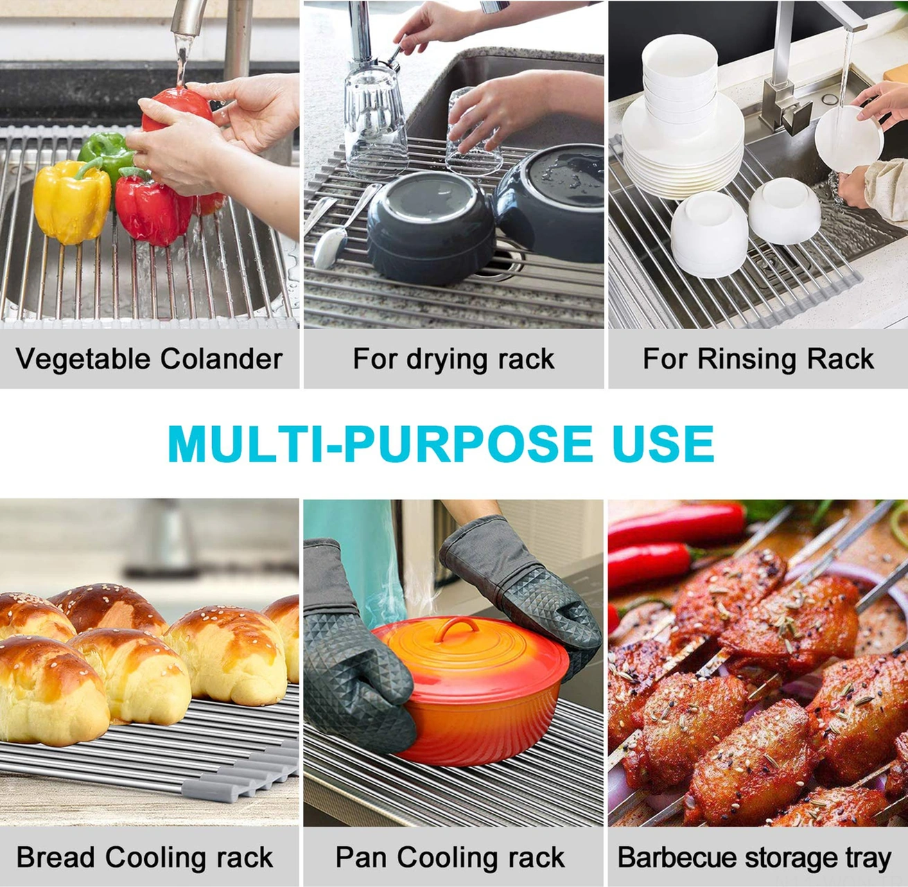 Neevoyu Çift Katlı Gıdalar Ve Tabaklar İçin Kollapsible 304 Çelik Silikon Sulama Rafı, Yük Dayanımı Ve Isı Direnci, Mutfak Depolama Aleti Gri