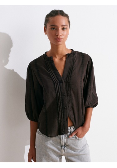 Dilvin 5807 Nervür Detaylı Balon Kol Gömlek-koyu Kahve Koyu Kahve