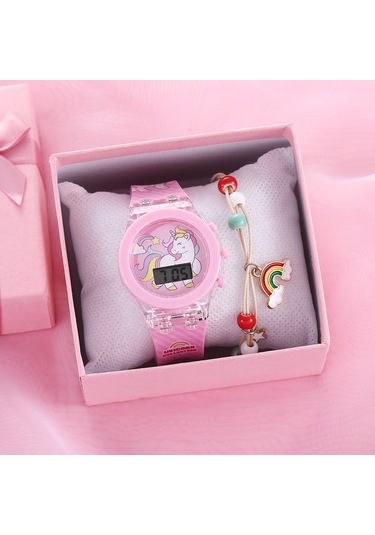 Samdoo Unicorn Işıklı Silikon Saat Ve Bileklik Seti 2 Adet - Led Gösterge, Dayanıklı Malzeme, Unisex, Hediyelik Pembe Kutuda Diğer