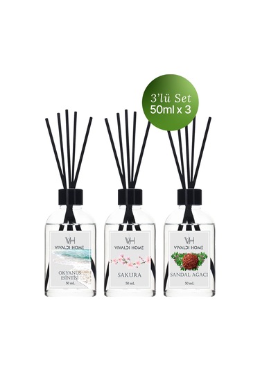 Vivaldi Home Okyanus Esintisi + Sakura + Sandal Ağacı Çubuklu Oda Kokusu Esansiyel Uçucu Yağ 3 x 50 ML