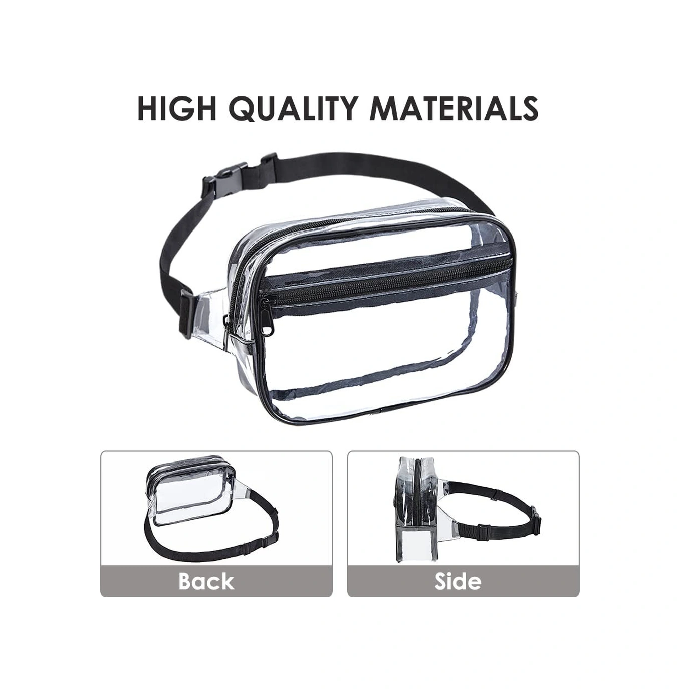 Yuntech01 Siyah Şeffaf Pvc Spor Bel Çantası - Stadyum Onaylı, Su Geçirmez, Ayarlanabilir Kemer, Outdoor Etkinlikler İçin Çabuk Erişimli Depolama Siyah