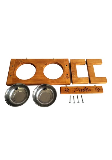 Woodesk Pati Doğal Ahşap Özel İsim İşlemeli Mama Ve Su Kabı