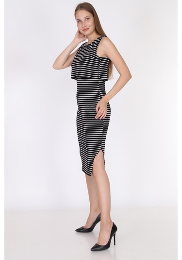 Luvmabelly 5550 - Siyah Çizgili Kolsuz Yırtmaçlı Emzirme Elbise-siyah