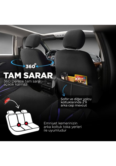 Panda Pars Serisi Deri Oto Koltuk Kılıfı - Siyah - Mavi