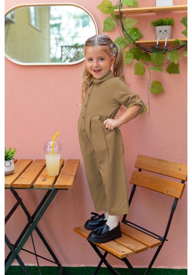 Oliventhekid Yakalı Pileli Kız Çocuk Tulum Kahverengi Kahverengi