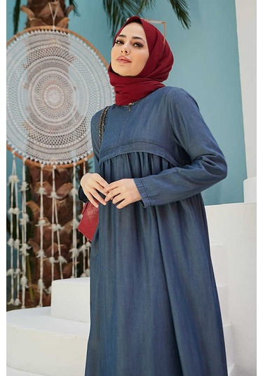 Neways 6598-Büzgülü Liyosel Elbise Koyu Mavi