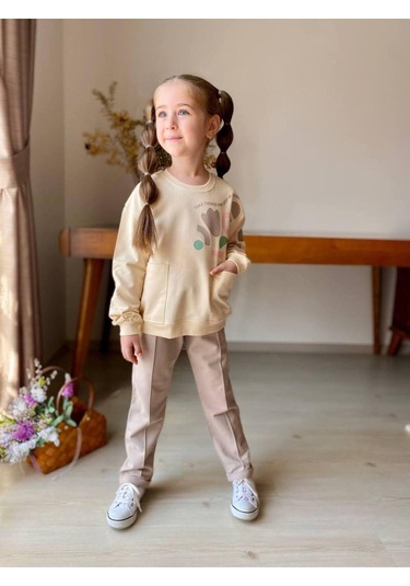 Kız Çocuk Kalp Baskılı 2'li Takım. Pamuklu Mükemmel Kalite Bej