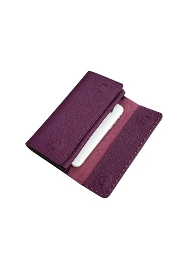 Mor %100 Hakiki Deri Dikiş Detaylı Gizli Mıknatıslı Kapaklı Özel Tasarım Kadın Cüzdan Portföy Mor