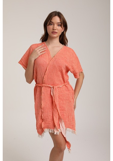 Life For Moda Kadın Kuşaklı Müslin Pareo Kimono P 80 Turuncu
