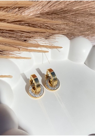 Altın / Gold Renk Zirkon Taşlı Diskli 316l Çelik Küpe