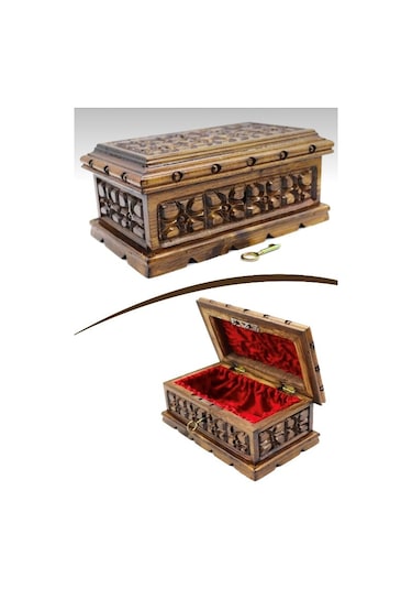 Ahşap Oyma İşlemeli Kilitli Sandık Kutu 24 cm