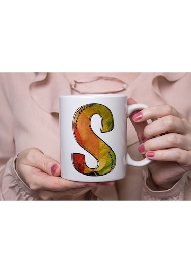 S Harf Yaprak Renkleri İle Kupa Bardak - Kişiye Özel Alfabe Harfli Bardak - Hediye Beyaz