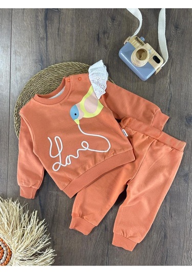 Omuzda Dantel Detaylı Kuş Baskılı Takım Turuncu