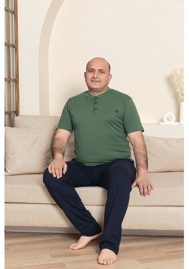 Erkek Geniş Kalıp %100 Pamuk Kısa Kol Cepli Büyük Beden Pijama Takımı Yeşil