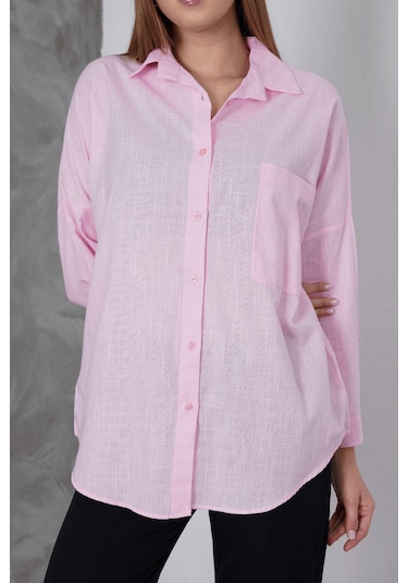 Paw Garage Kadın London Keten Tek Cepli Oversize Gömlek, Premium Kalite Keten Gömlek Pembe