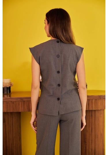 Gri Sıfır Kol Düğmeli Gömlek Takım Gri