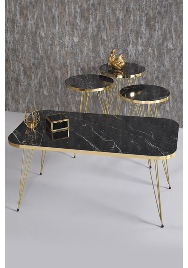 Zigon Sehpa Ve Orta Sehpa Kr Set Gold Tel Siyah Mermer Desen