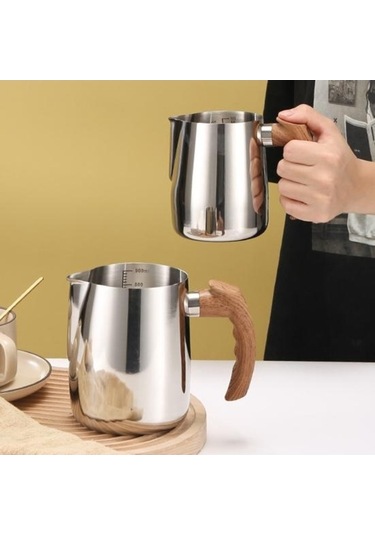Novahub 600/1000ml Gümüş Paslanmaz Çelik Latte Kahve Fincanı Süt Köpürtme Sürahi Ahşap Saplı Damlamasız