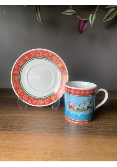 Yeni Yıl-noel Baba Geyik Model 4 Parça 2 Kişilik Porselen Türk Kahvesi Fincan Takımı Çok Renkli