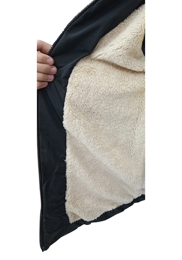 Kız Çocuk Kapüşonu Çıkabilen Fermuar Kapamalı Beli İp Bağlamalı İçi Peluş Astarlı Siyah Mont Siyah