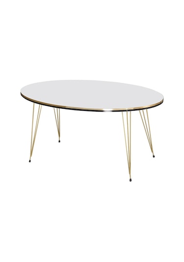 Zigon Sehpa Ve Orta Sehpa Elips Set Çift Gold Beyaz Tel Ayak