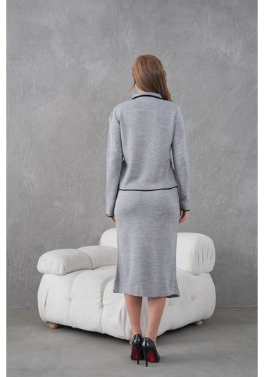 Kadın Polo Yaka Düğme Detay Ceket Uzun Etek İkili Triko Takım Gri