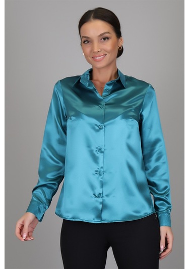 Sweetness Kadın Petrol Yeşili Saten Uzun Kol Abiye Gömlek Yeşil